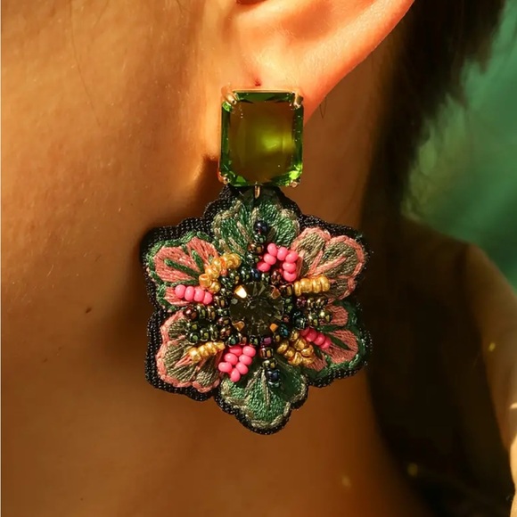 Zircon and Seed Beaded Embroidered Flower Earrings - Picture 3 of 4